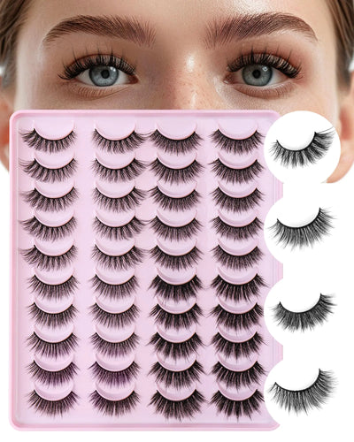 Natural Faux Mink Eyelashes 20-Pack - Wispy & Fluffy