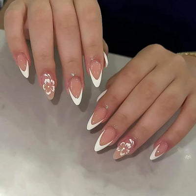 RikView Glossy Almond French Tip Press-On Nails - 24 PCS