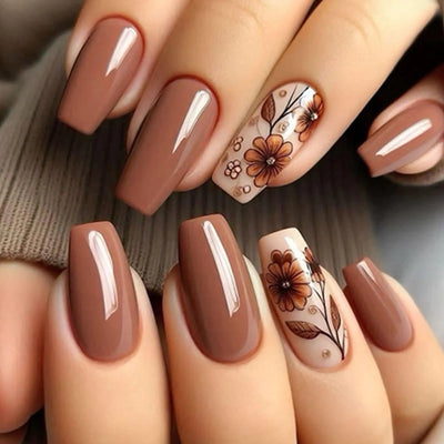 Chic Brown Coffin Press-On Nails 24Pcs with Floral Design