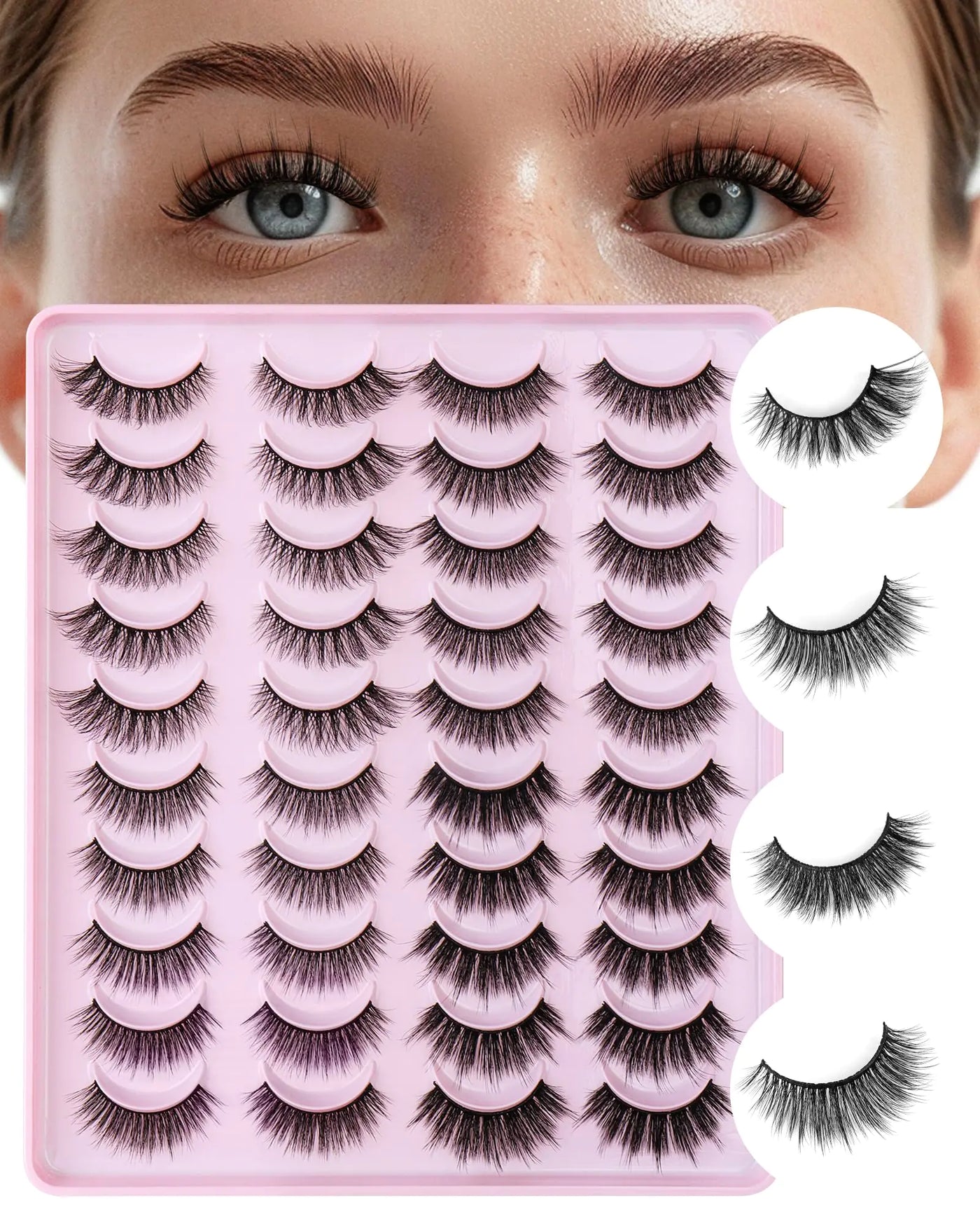 Natural Faux Mink Eyelashes 20-Pack - Wispy & Fluffy