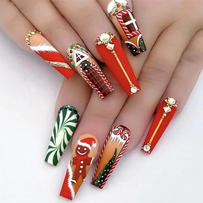 Luxury Red Coffin Press-On Nails with Rhinestones
